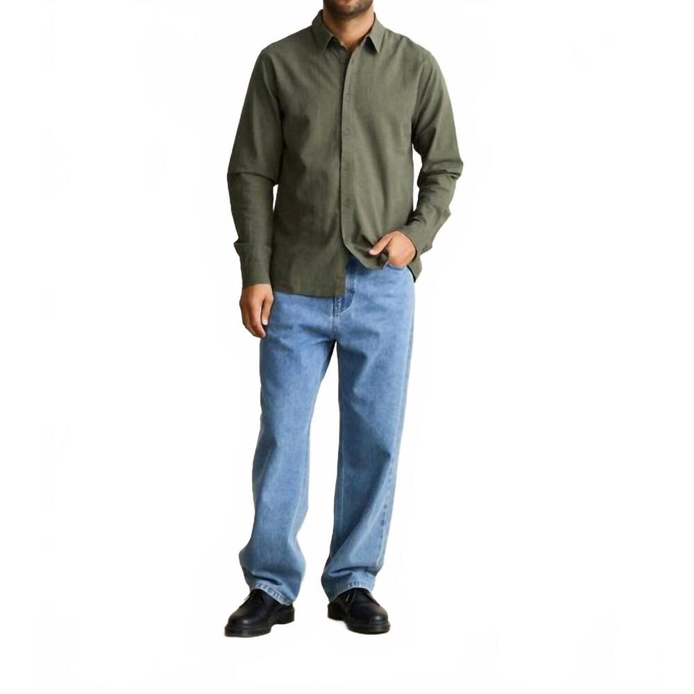 NEW RHYTHM. classic long sleeve linen shirt in forest green